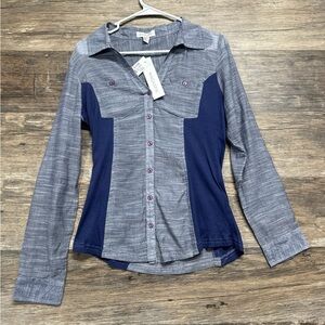 Magazine Gray and Blue Fitted Long Sleeve Button Down Shirt